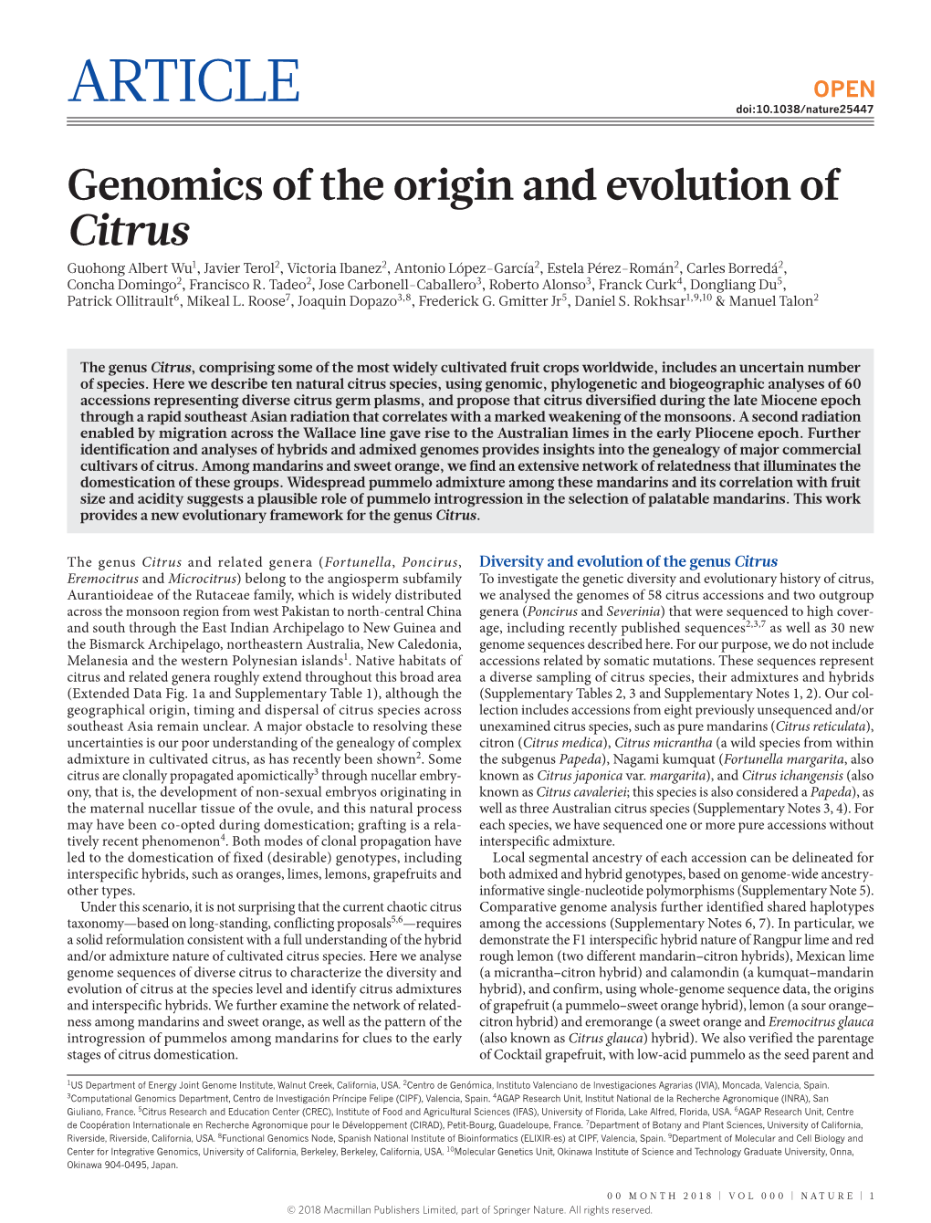 Genomics of the Origin and Evolution of Citrus