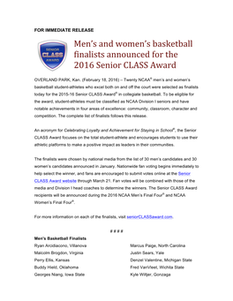 Men's and Women's Basketball Finalists Announced for the 2016