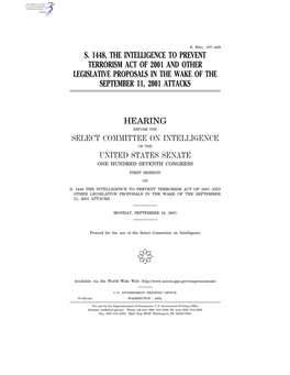 S. 1448, the Intelligence to Prevent Terrorism Act of 2001 and Other Legislative Proposals in the Wake of the September 11, 2001 Attacks