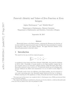 Parseval's Identity and Values of Zeta Function at Even Integers