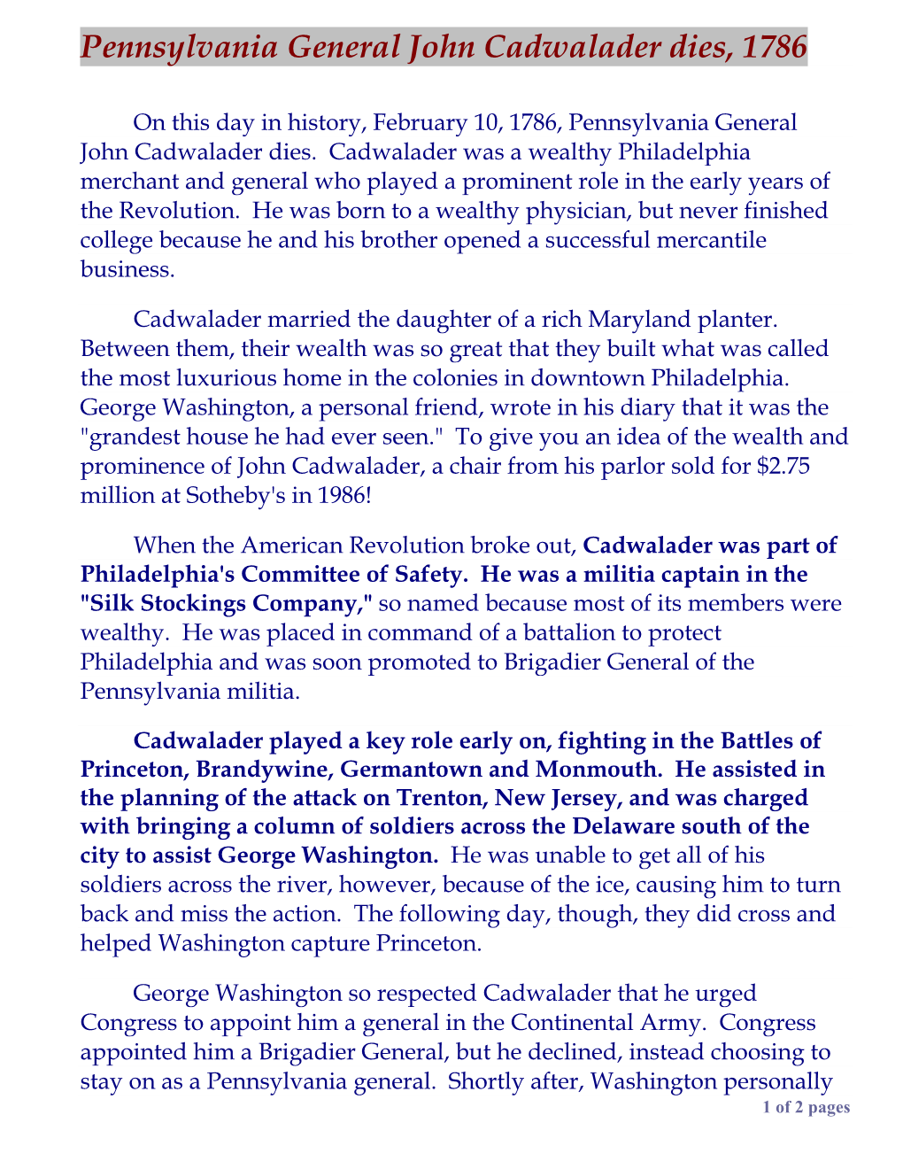Pennsylvania General John Cadwalader Dies, 1786
