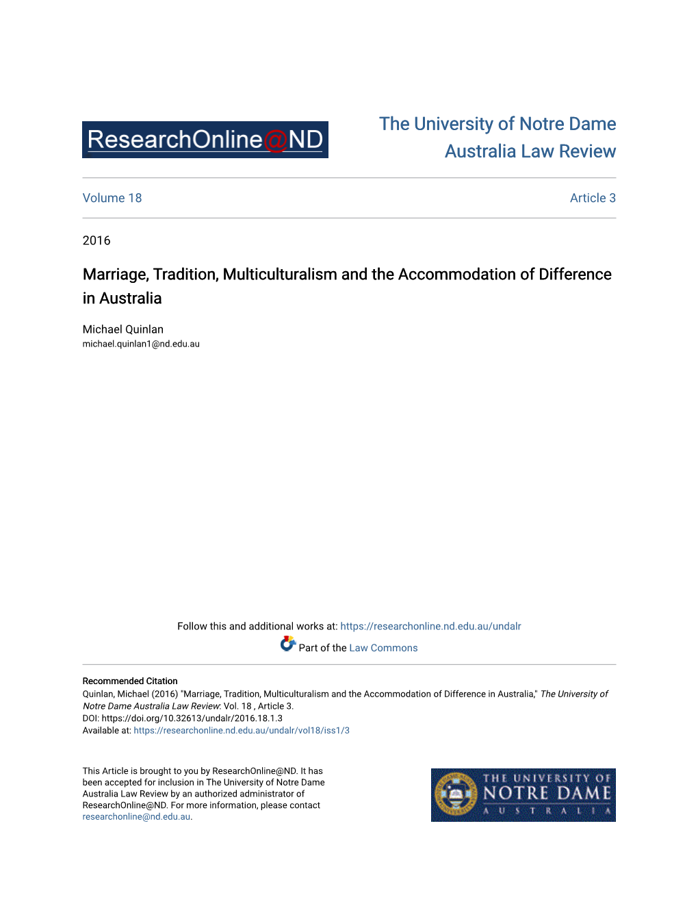 Marriage, Tradition, Multiculturalism and the Accommodation of Difference in Australia