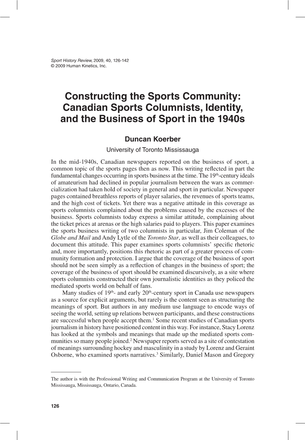 Canadian Sports Columnists, Identity, and the Business of Sport in the 1940S