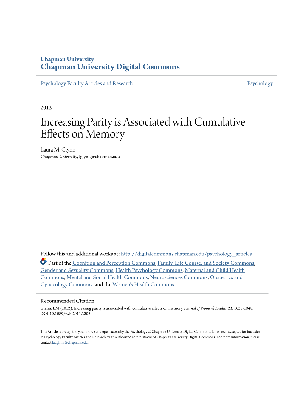 Increasing Parity Is Associated with Cumulative Effects on Memory Laura M