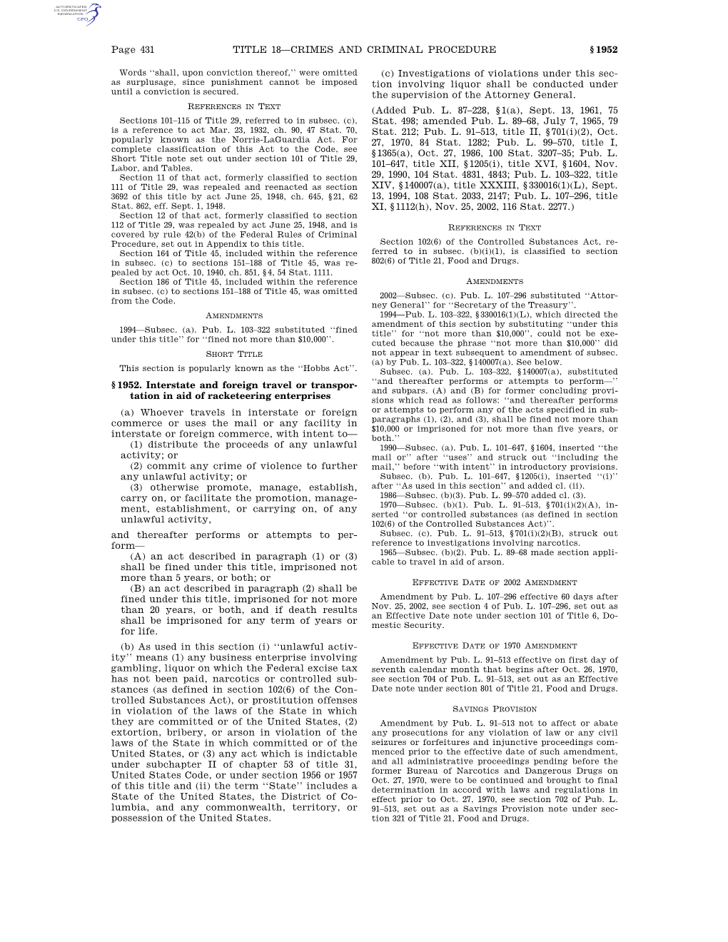 Page 431 TITLE 18—CRIMES and CRIMINAL PROCEDURE § 1952