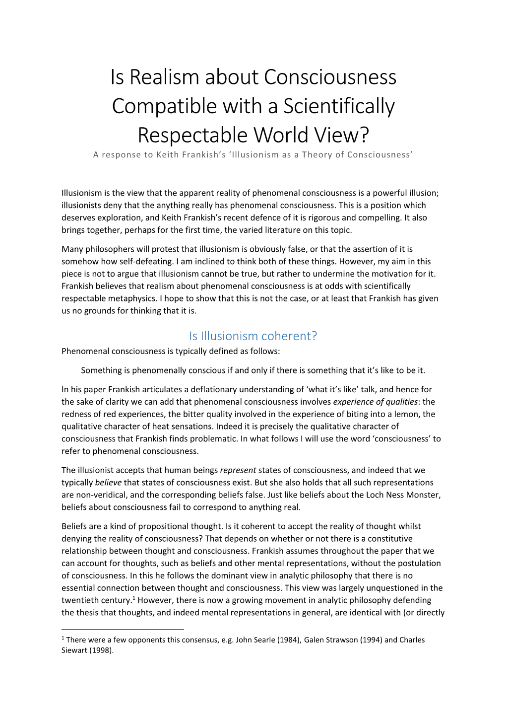 Is Realism About Consciousness Compatible with a Scientifically Respectable World View? a Response to Keith Frankish’S ‘Illusionism As a Theory of Consciousness’