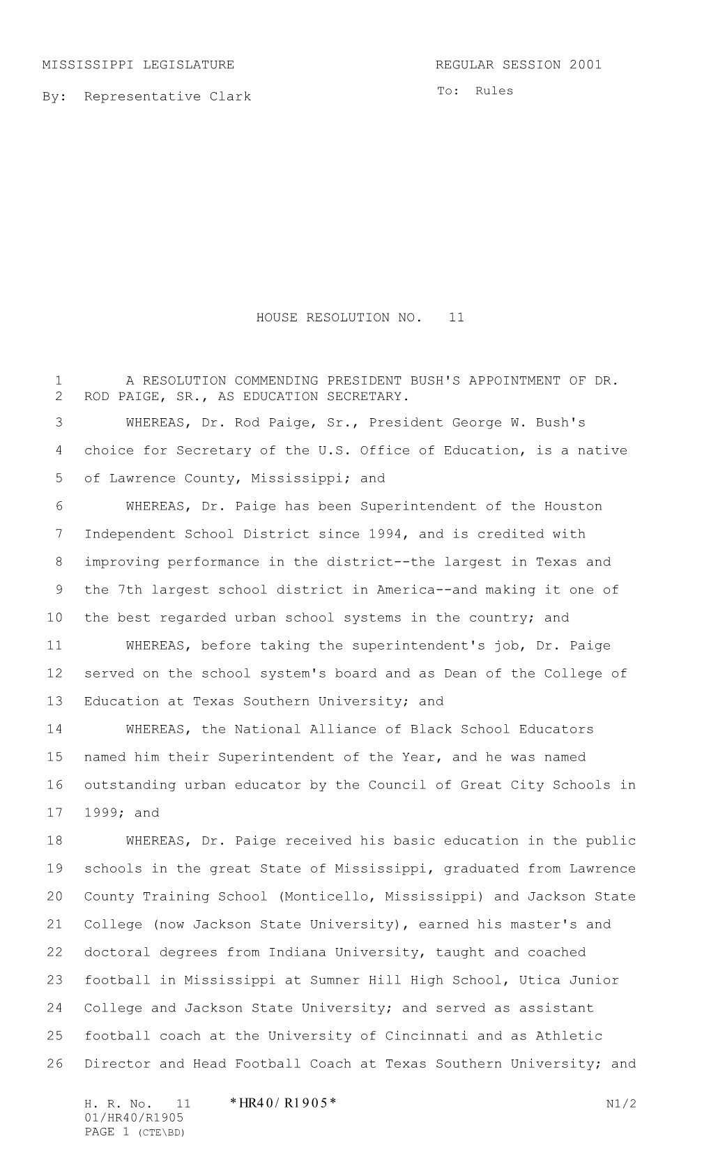 MISSISSIPPI LEGISLATURE REGULAR SESSION 2001 By