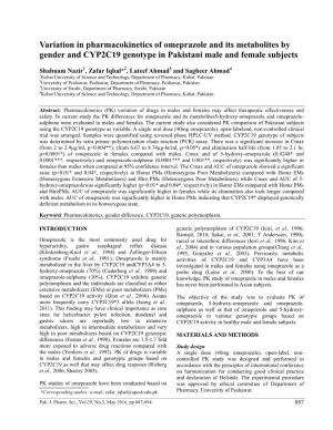 Variation in Pharmacokinetics of Omeprazole and Its Metabolites by Gender and CYP2C19 Genotype in Pakistani Male and Female Subjects
