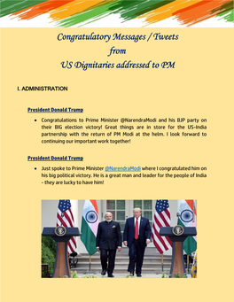 Congratulatory Messages / Tweets from US Dignitaries Addressed to PM