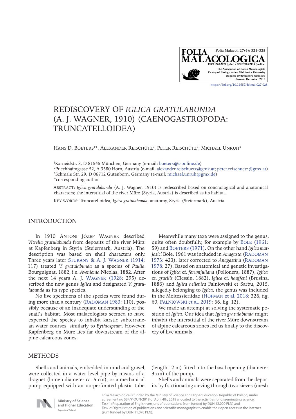 Rediscovery of Iglica Gratulabunda (A. J. Wagner, 1910) (Caenogastropoda: Truncatelloidea)