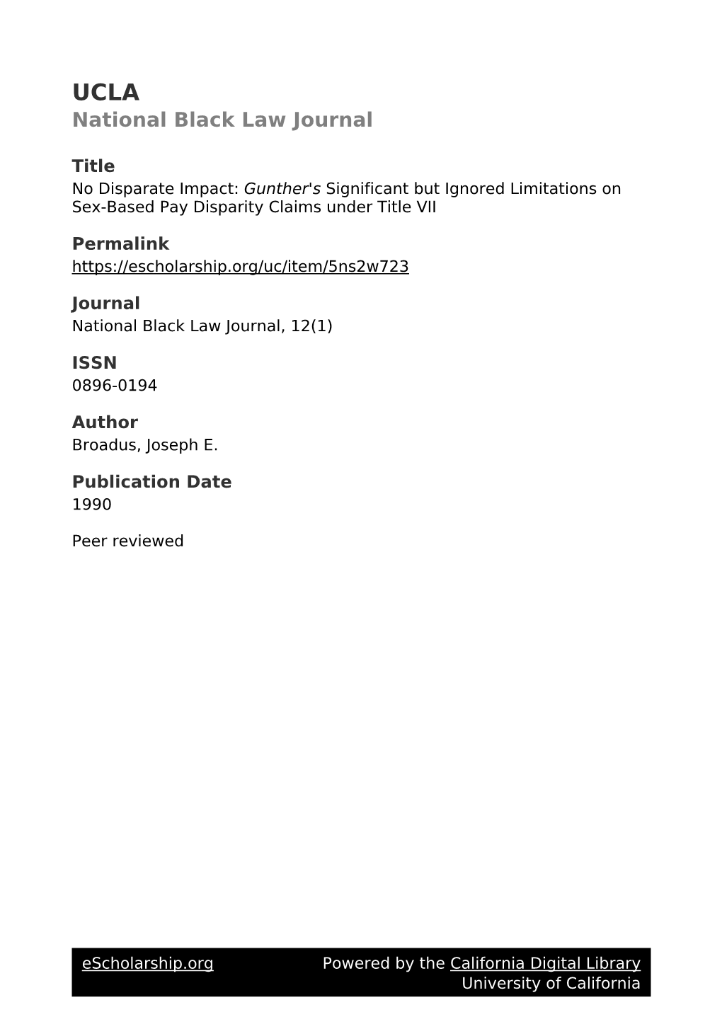 No Disparate Impact: Gunther's Significant but Ignored Limitations on Sex-Based Pay Disparity Claims Under Title VII