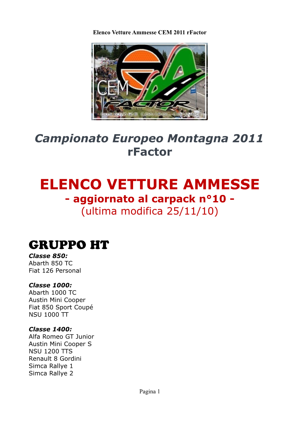 Elenco Vetture Ammesse CEM 2011 Rfactor
