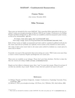 MAT5107 : Combinatorial Enumeration Course Notes