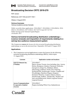Various Terrestrial Broadcasting Distribution Undertakings – Licence Renewals and Imposition of Requirements Relating to a Set-Top Box Audience Measurement System