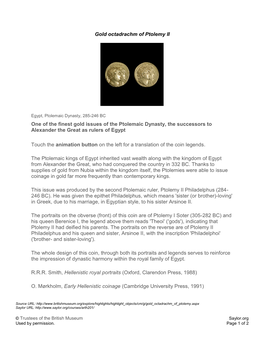 Gold Octadrachm of Ptolemy II One of the Finest Gold Issues of The