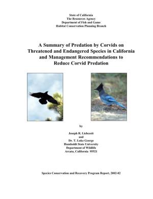 A Summary of Predation by Corvids on Threatened and Endangered Species in California and Management Recommendations to Reduce Corvid Predation