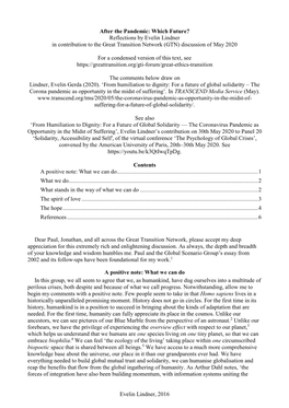 Which Future? Reflections by Evelin Lindner in Contribution to the Great Transition Network (GTN) Discussion of May 2020