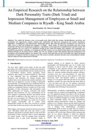 Dark Triad) and Impression Management of Employees at Small and Medium Companies in Riyadh - King Saudi Arabia