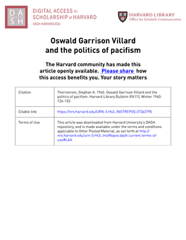 Oswald Garrison Villard and the Politics of Pacifism