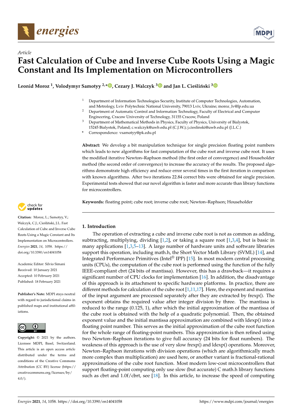 Fast Calculation of Cube and Inverse Cube Roots Using a Magic Constant and Its Implementation on Microcontrollers