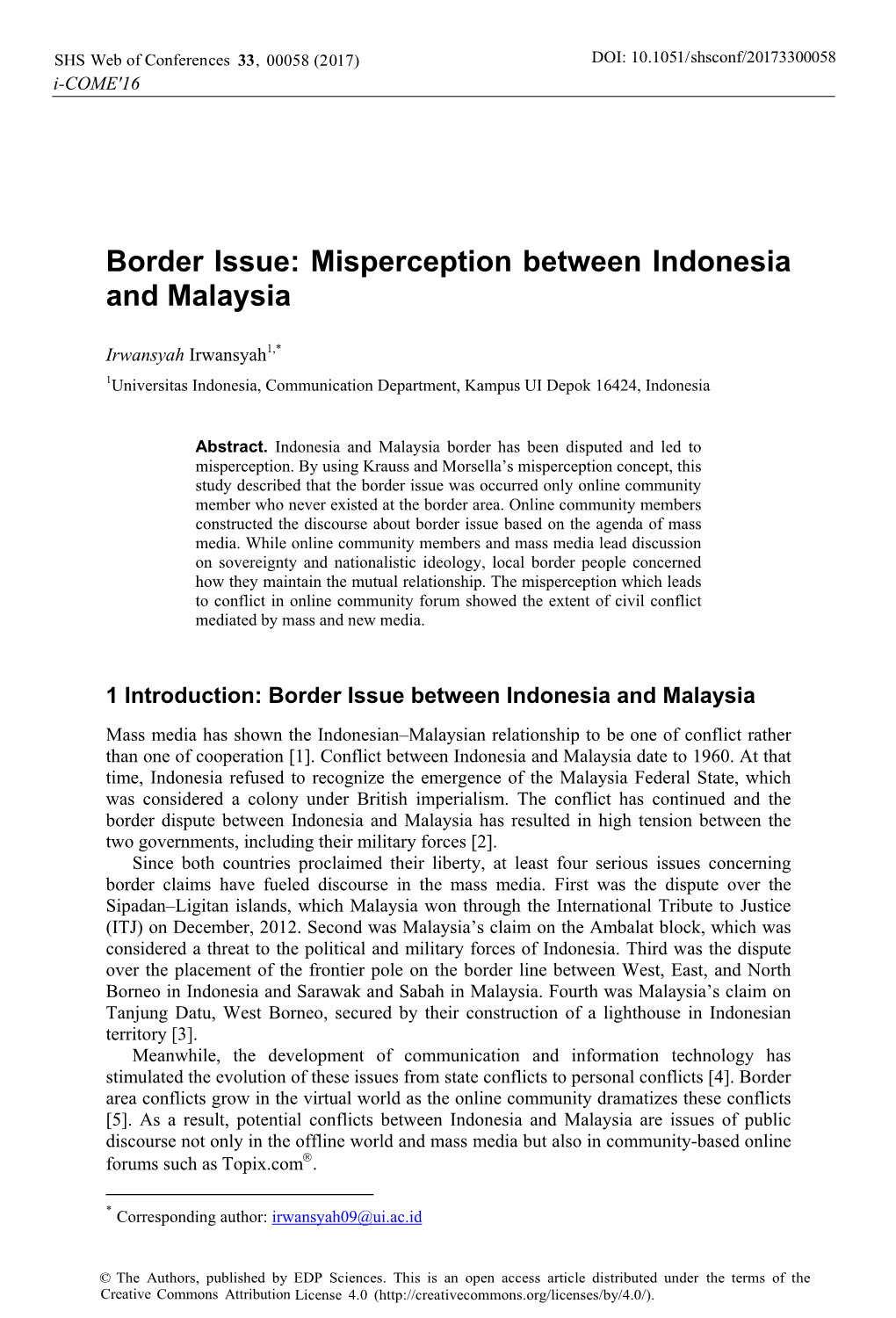 Border Issue: Misperception Between Indonesia and Malaysia