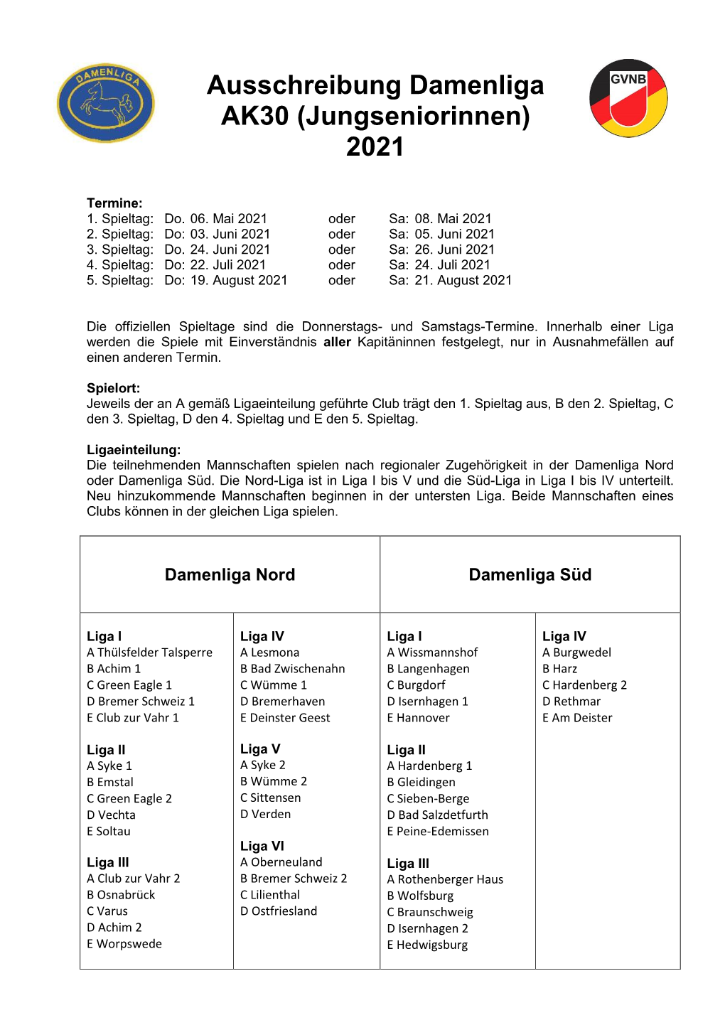 Ausschreibung Damenliga AK30 (Jungseniorinnen) 2021