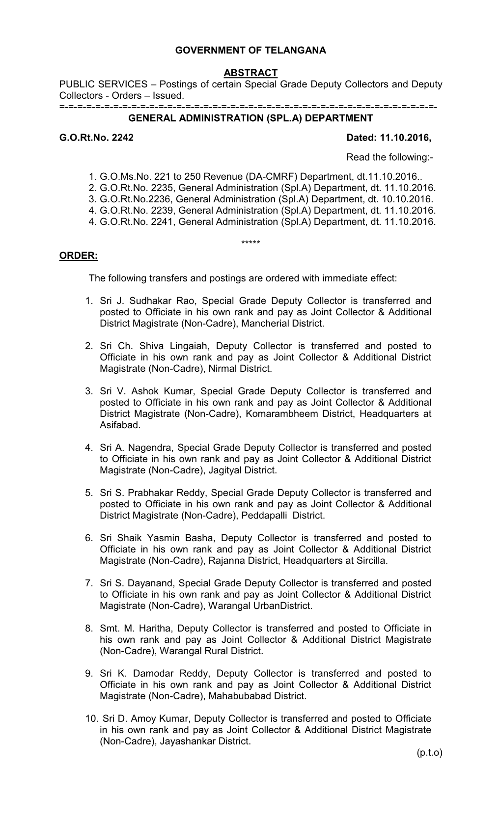 GOVERNMENT of TELANGANA ABSTRACT PUBLIC SERVICES – Postings of Certain Special Grade Deputy Collectors and Deputy Collectors