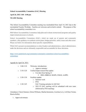 School Accountability Committee (SAC) Meeting April 26, 2021 3:00 –4:00 Pm TEAMS Meeting