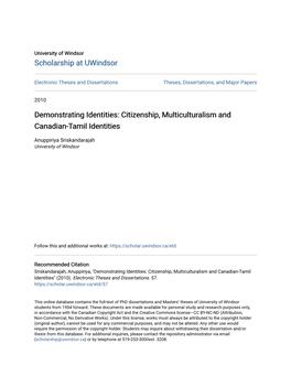 Citizenship, Multiculturalism and Canadian-Tamil Identities