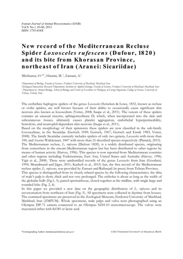 New Record of the Mediterranean Recluse Spider Loxosceles Rufescens (Dufour, 1820) and Its Bite from Khorasan Province, Northeast of Iran (Aranei: Sicariidae)