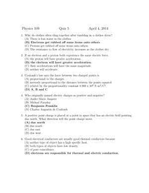 Physics 109 Quiz 5 April 4, 2014