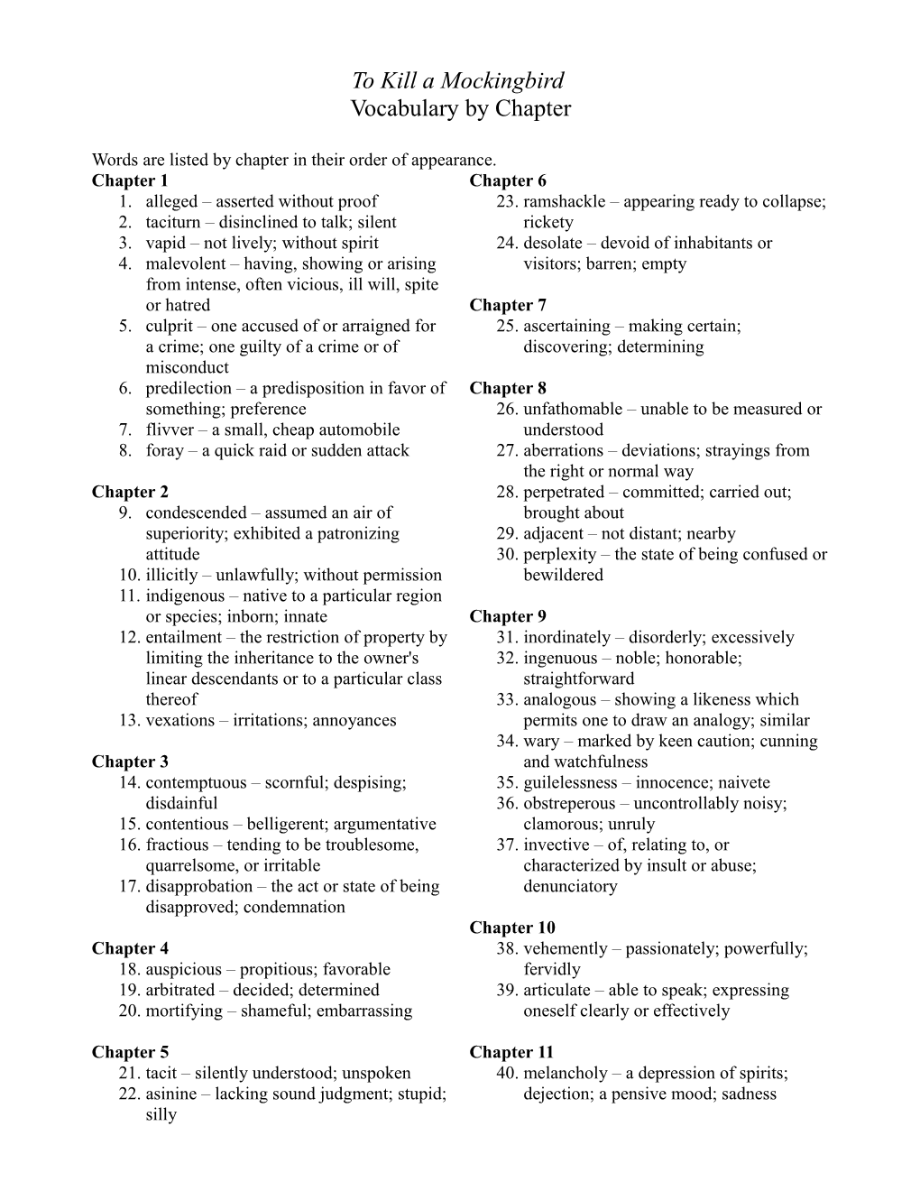 Words Are Listed by Chapter in Their Order of Appearance