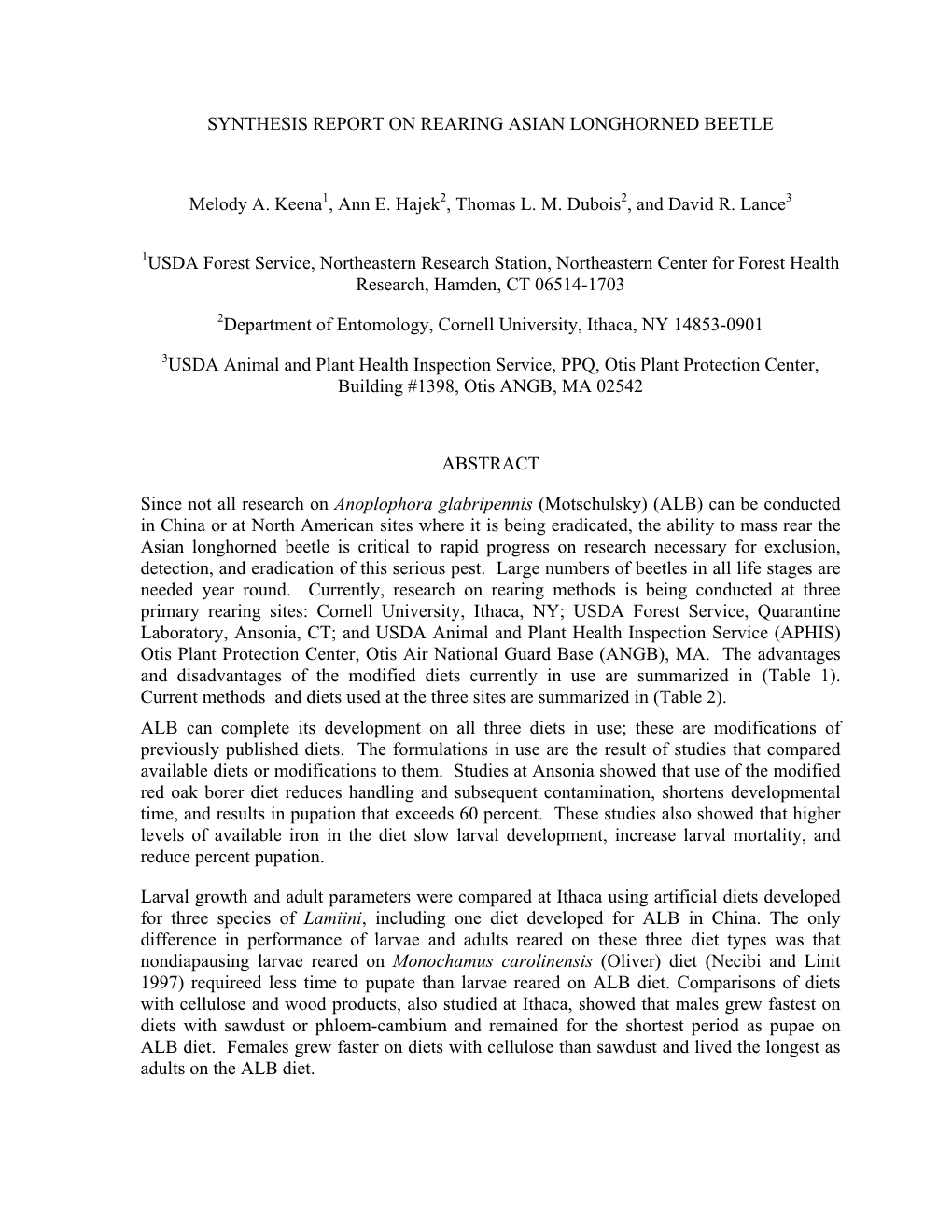 Synthesis Report on Rearing Asian Longhorned Beetle (PDF)