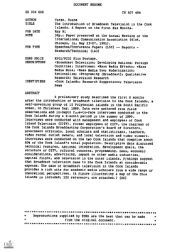 The Introduction of Broadcast Television in the Cook Islands. a Report on the First Six Months
