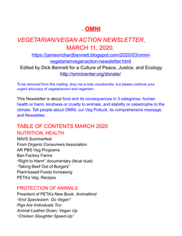 Vegetarian/Vegan Action Newsletter, March 11, 2020