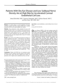 Patients with Dry Eye Disease and Low Subbasal Nerve Density Are at High Risk for Accelerated Corneal Endothelial Cell Loss