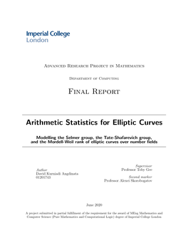 Final Report Arithmetic Statistics for Elliptic Curves