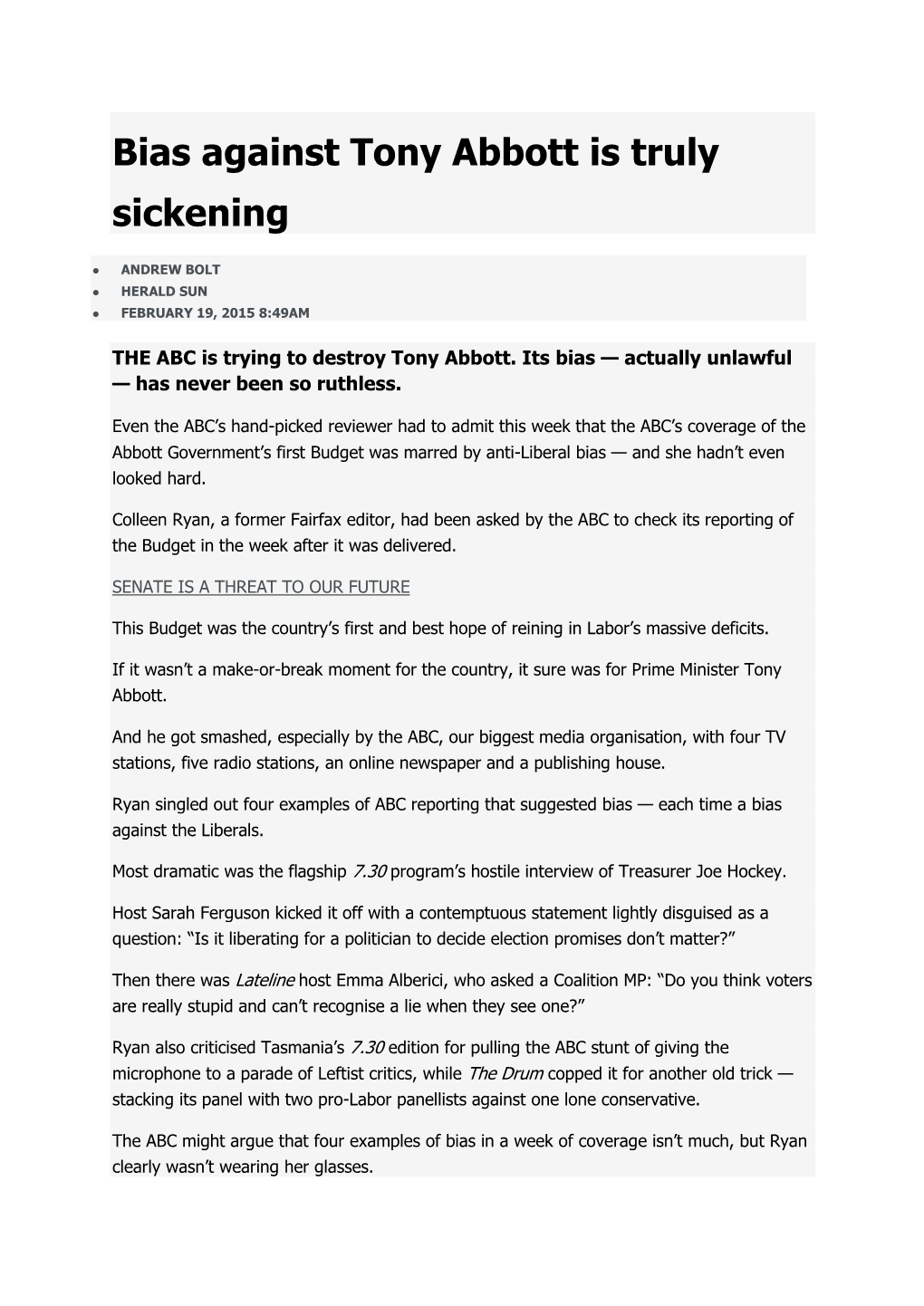 Bias Against Tony Abbott Is Truly Sickening