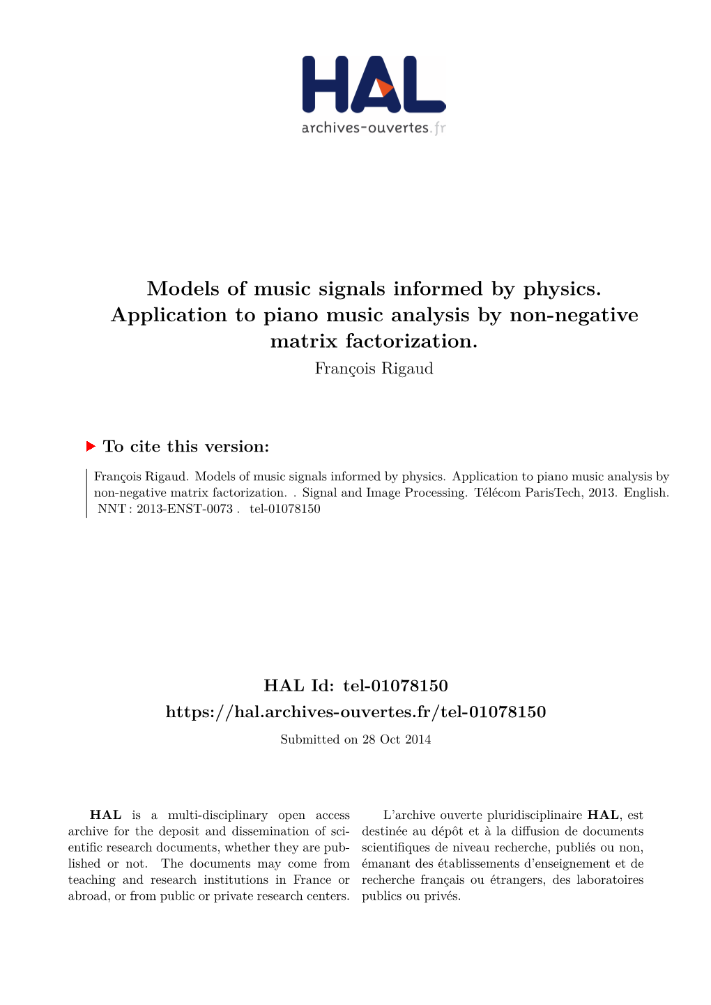Models of Music Signals Informed by Physics. Application to Piano Music Analysis by Non-Negative Matrix Factorization