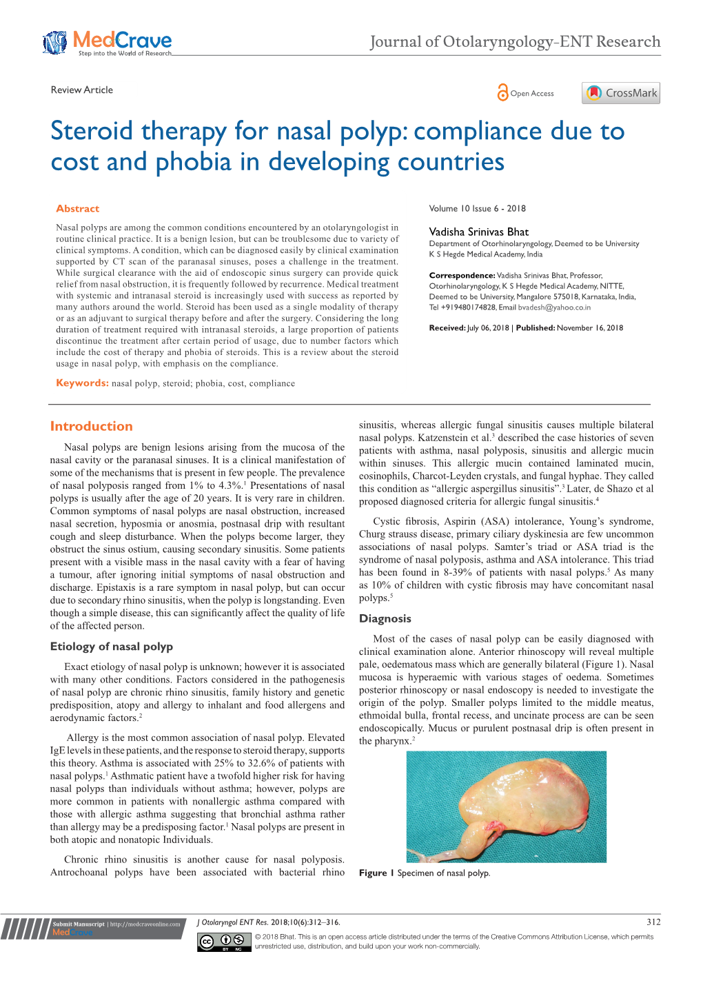 Steroid Therapy for Nasal Polyp: Compliance Due to Cost and Phobia in Developing Countries