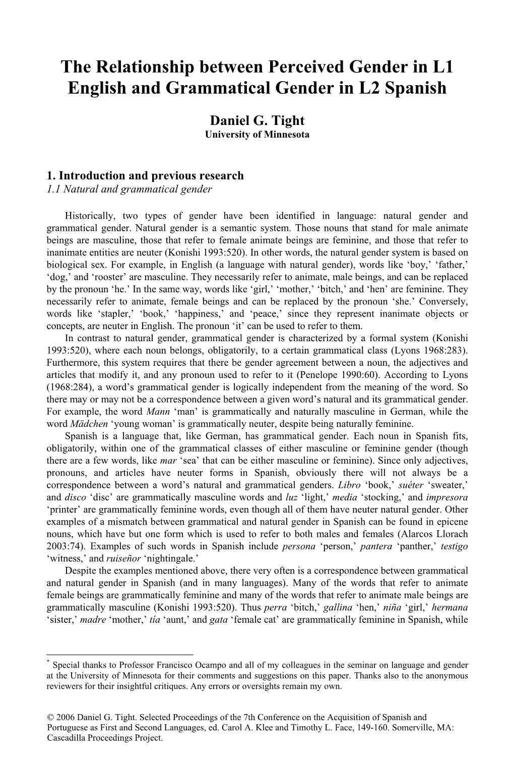 The Relationship Between Perceived Gender in L1 English and Grammatical Gender in L2 Spanish