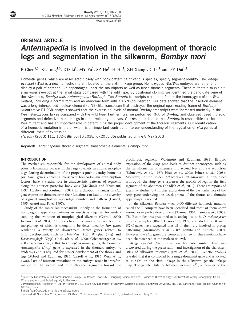 Antennapedia Is Involved in the Development of Thoracic Legs and Segmentation in the Silkworm, Bombyx Mori