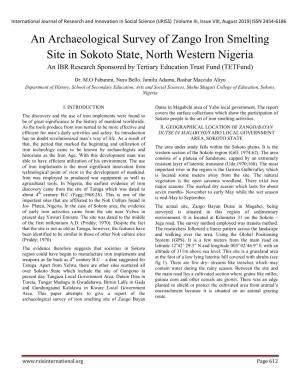 An Archaeological Survey of Zango Iron Smelting Site in Sokoto State, North Western Nigeria an IBR Research Sponsored by Tertiary Education Trust Fund (Tetfund)