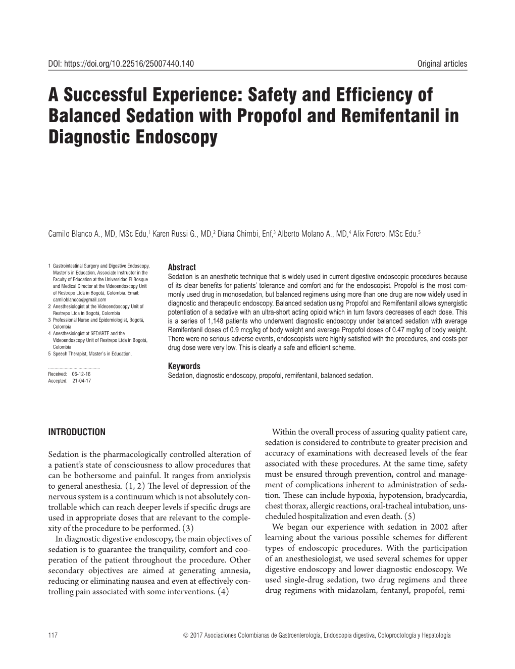 Safety and Efficiency of Balanced Sedation with Propofol and Remifentanil in Diagnostic Endoscopy