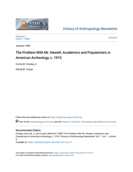 The Problem with Mr. Hewett: Academics and Popularizers in American Archeology, C