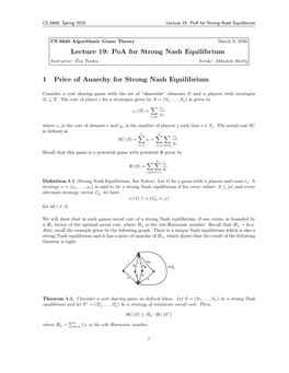 Lecture 19: Poa for Strong Nash Equilibrium