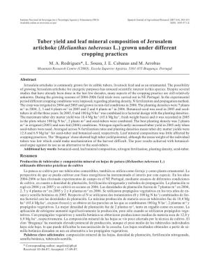 Tuber Yield and Leaf Mineral Composition of Jerusalem Artichoke (Helianthus Tuberosus L.) Grown Under Different Cropping Practices M