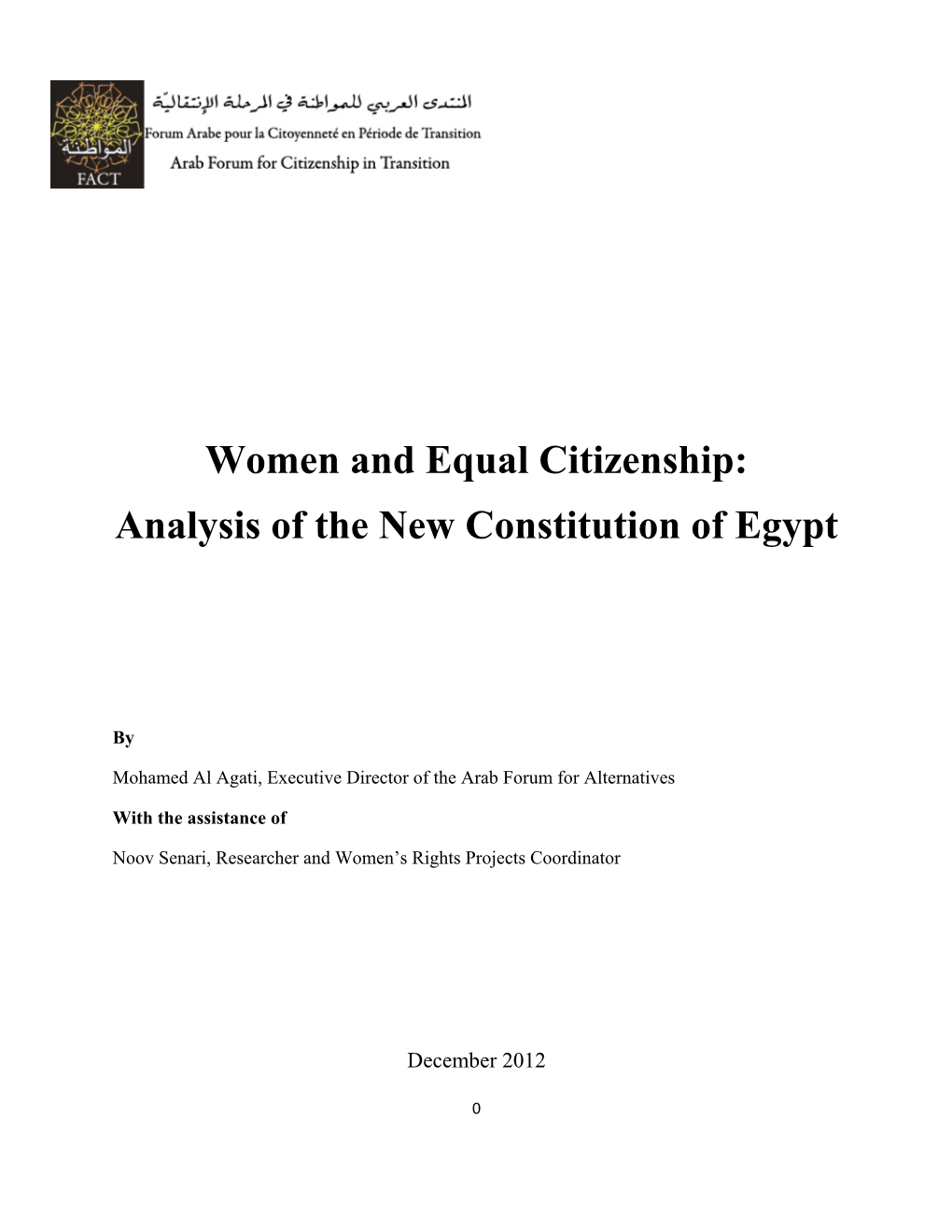 Women and Equal Citizenship: Analysis of the New Constitution of Egypt