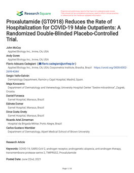 Reduces the Rate of Hospitalization for COVID-19 Male Outpatients: a Randomized Double-Blinded Placebo-Controlled Trial