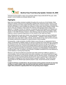 Burkina Faso Food Security Update: October 25, 2000 Highlights